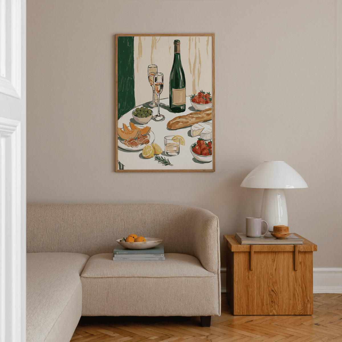 Food and Wine Art Print with vibrant colors for kitchen wall art display