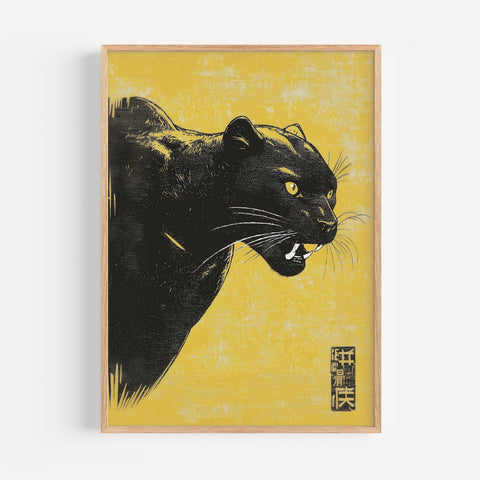 Modern Japanese black panther wall art in Japandi style, perfect for minimalist decor
