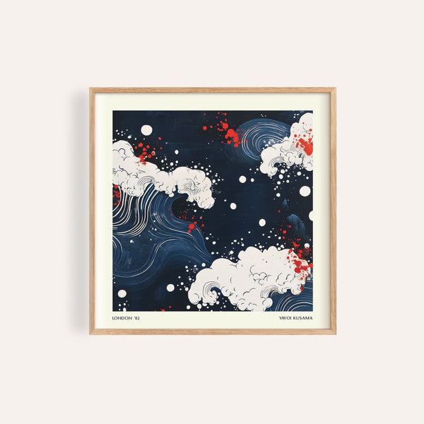Navy and red Japanese art poster with cloud and water motifs