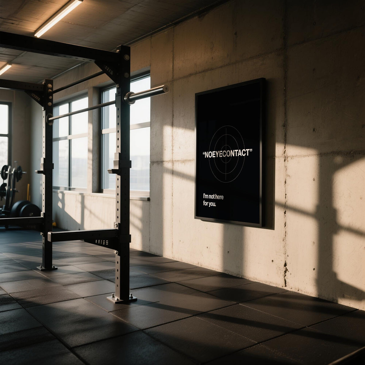 Bold gym art saying “Not here for you” in white text.