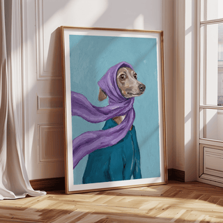 Dressed up Dog Art featuring gray dog, purple accent for eclectic gallery wall