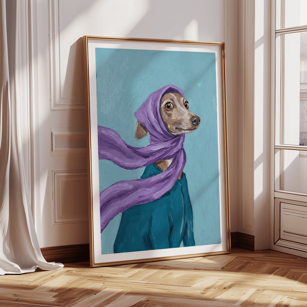Dressed up Dog Art featuring gray dog, purple accent for eclectic gallery wall