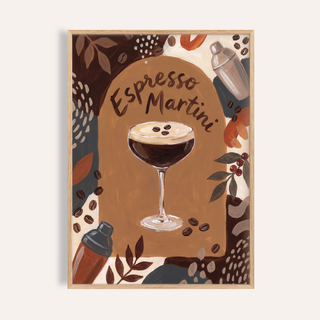 Arched Espresso Martini Wall Art poster with coupe glass and coffee bean accents