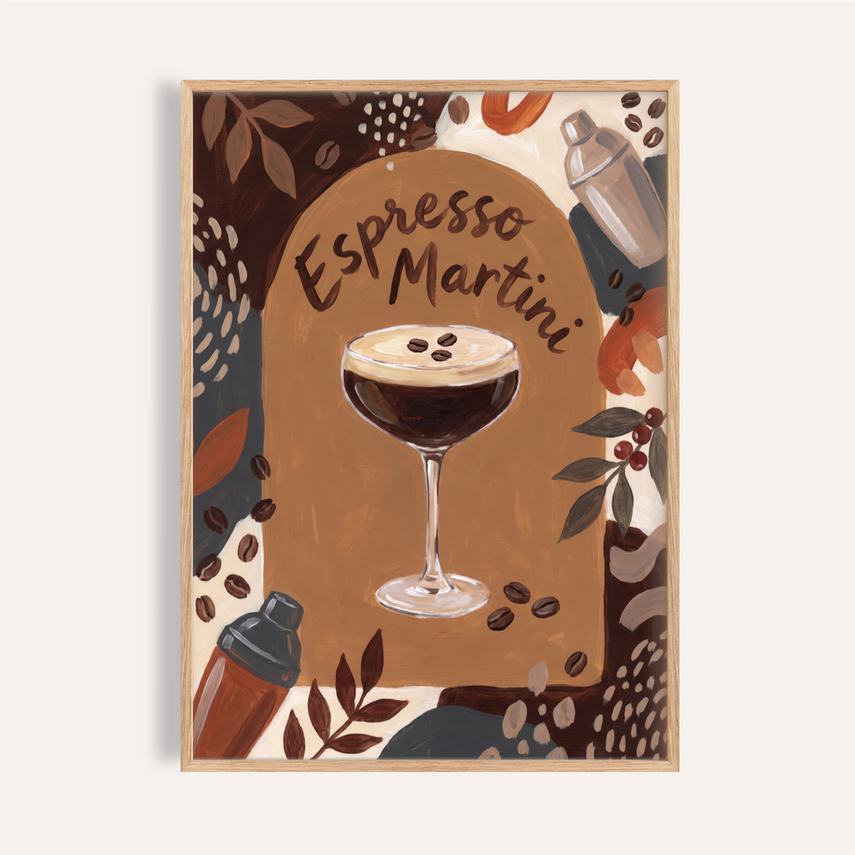 Arched Espresso Martini Wall Art poster with coupe glass and coffee bean accents
