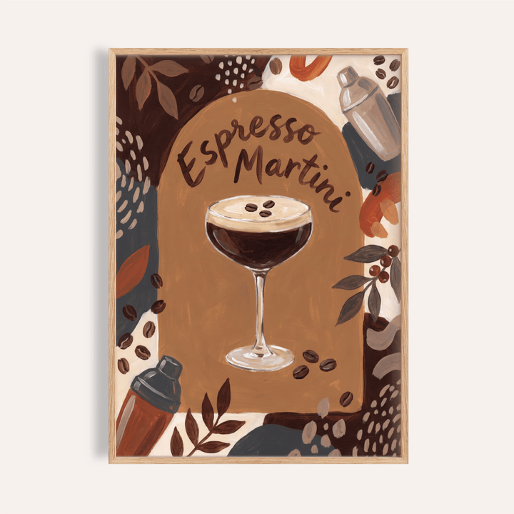 Arched Espresso Martini Wall Art poster with coupe glass and coffee bean accents