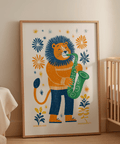 Saxophone Lion Art Print, multicolored, cheerful art, child's room poster