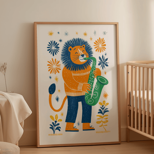 Saxophone Lion Art Print, multicolored, cheerful art, child's room poster