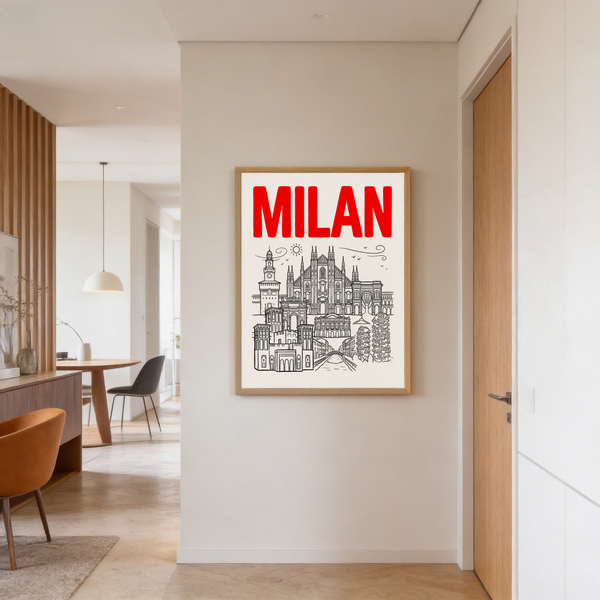 Architectural Milan City Wall Art print showing Duomo-style façade and surrounding landmarks