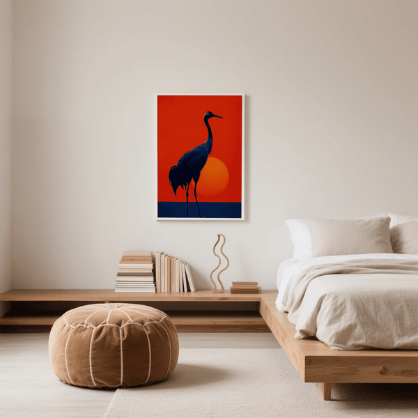 Stylish wall art Cranes Silhouette Art Print blue yellow for home office