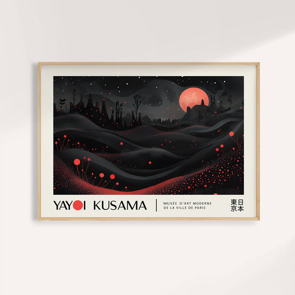 Surreal red moon print inspired by Yayoi Kusama’s abstract style