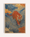 Framed artwork of a tiger in a natural setting with blue and orange colors.