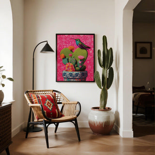 Lush corazon de nopal cactus pads with bright painted patterns and flowers.