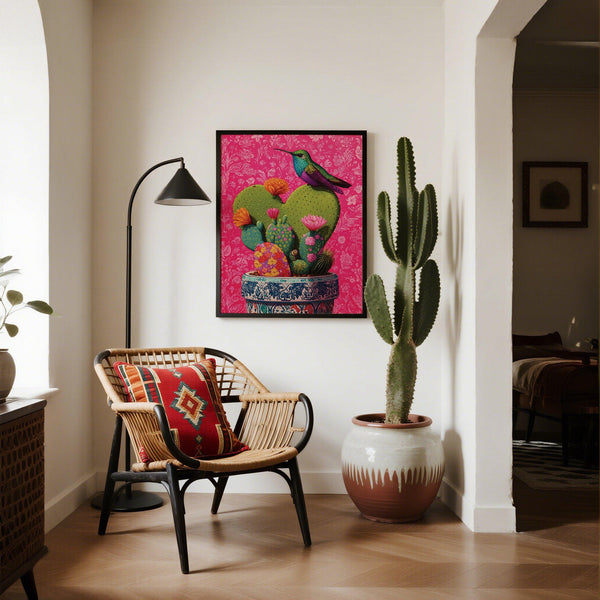 Lush corazon de nopal cactus pads with bright painted patterns and flowers.