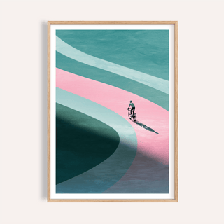 Minimalist Cycling Art Print featuring a lone cyclist on layered curves