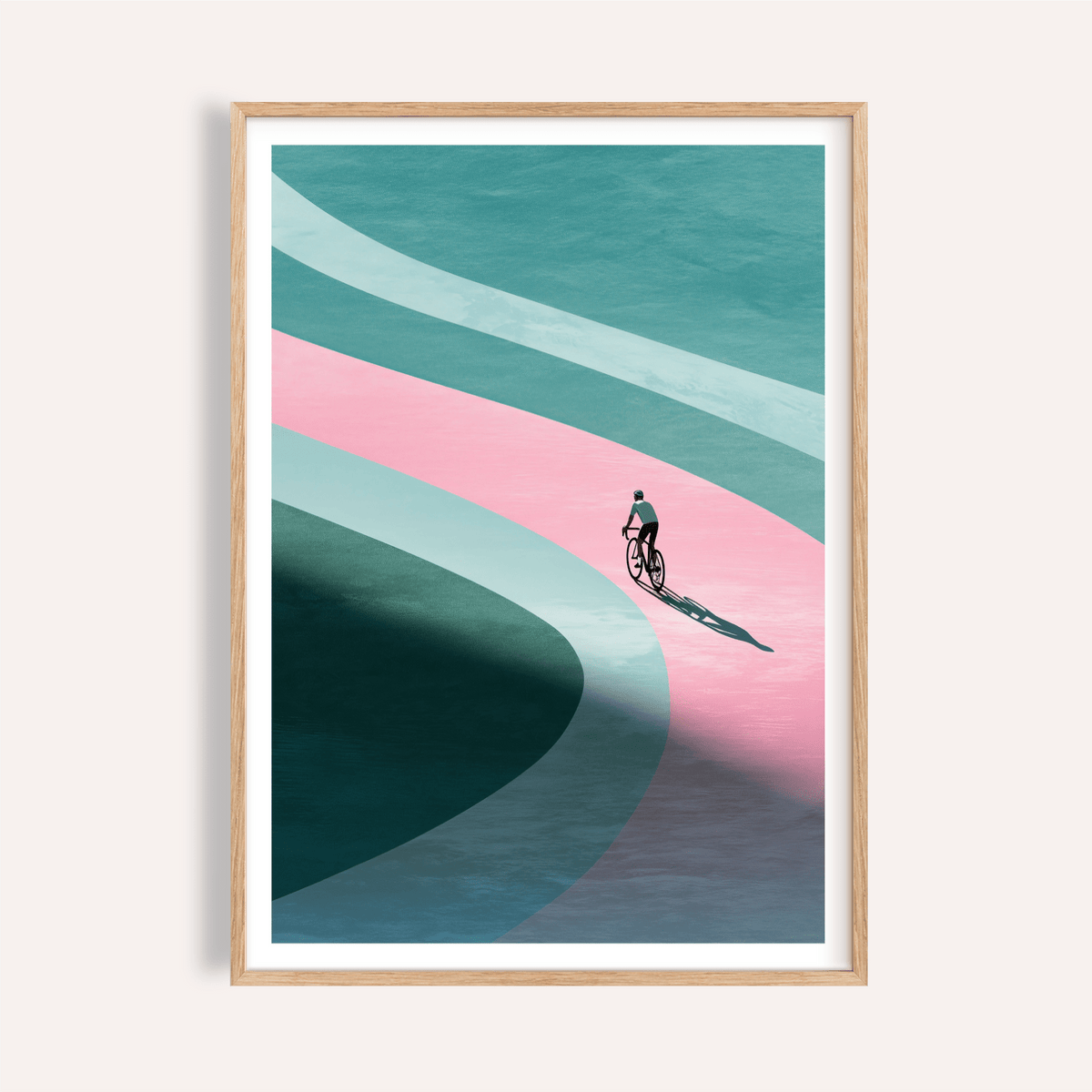 Minimalist Cycling Art Print featuring a lone cyclist on layered curves