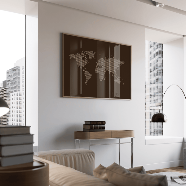 Modern World Map Poster in Brown and Beige, perfect for office decor