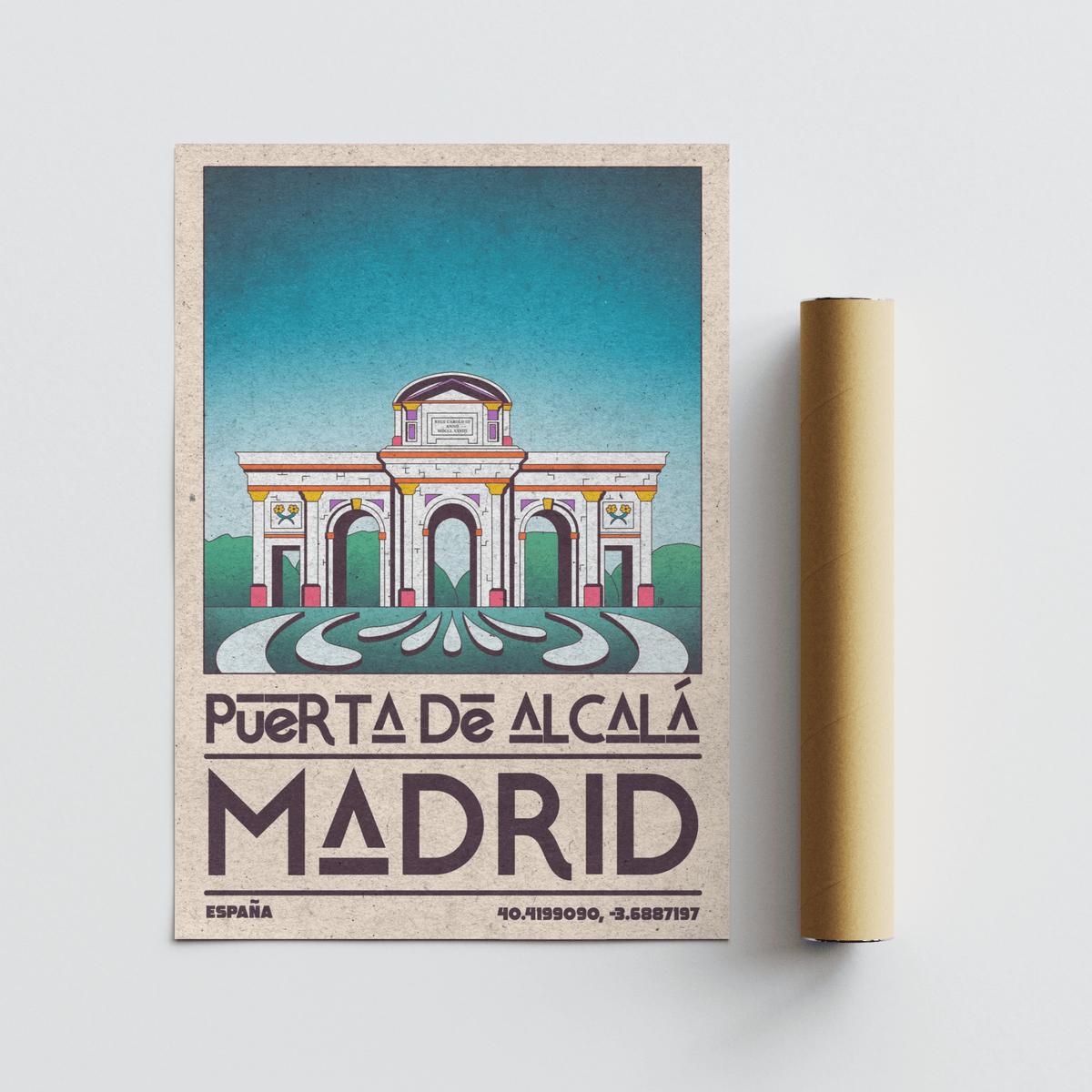 Graphic Madrid Architecture Poster print showing Puerta de Alcalá monument and strong typographic layout