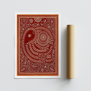 Graphic elephant print poster featuring small marching figures and layered ornament