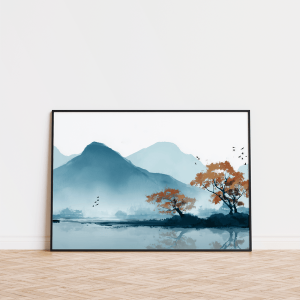 Tranquil landscape Nature Wall Art Print in Blue and White for home office