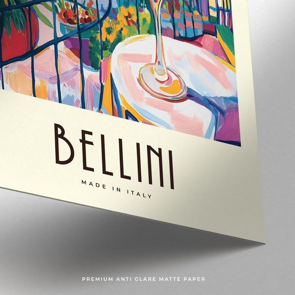 Close-up of peach Bellini drink in Italian Style Cocktail Wall Art with colorful rooftops.