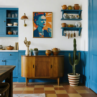 Stylized taco print showing Frida Kahlo mid-bite with abstract background.