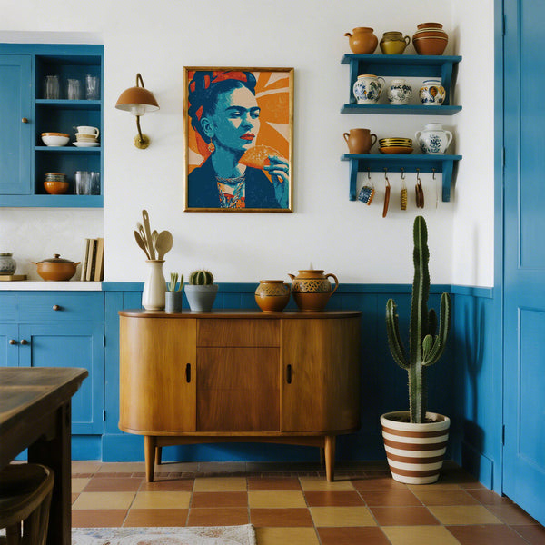 Stylized taco print showing Frida Kahlo mid-bite with abstract background.