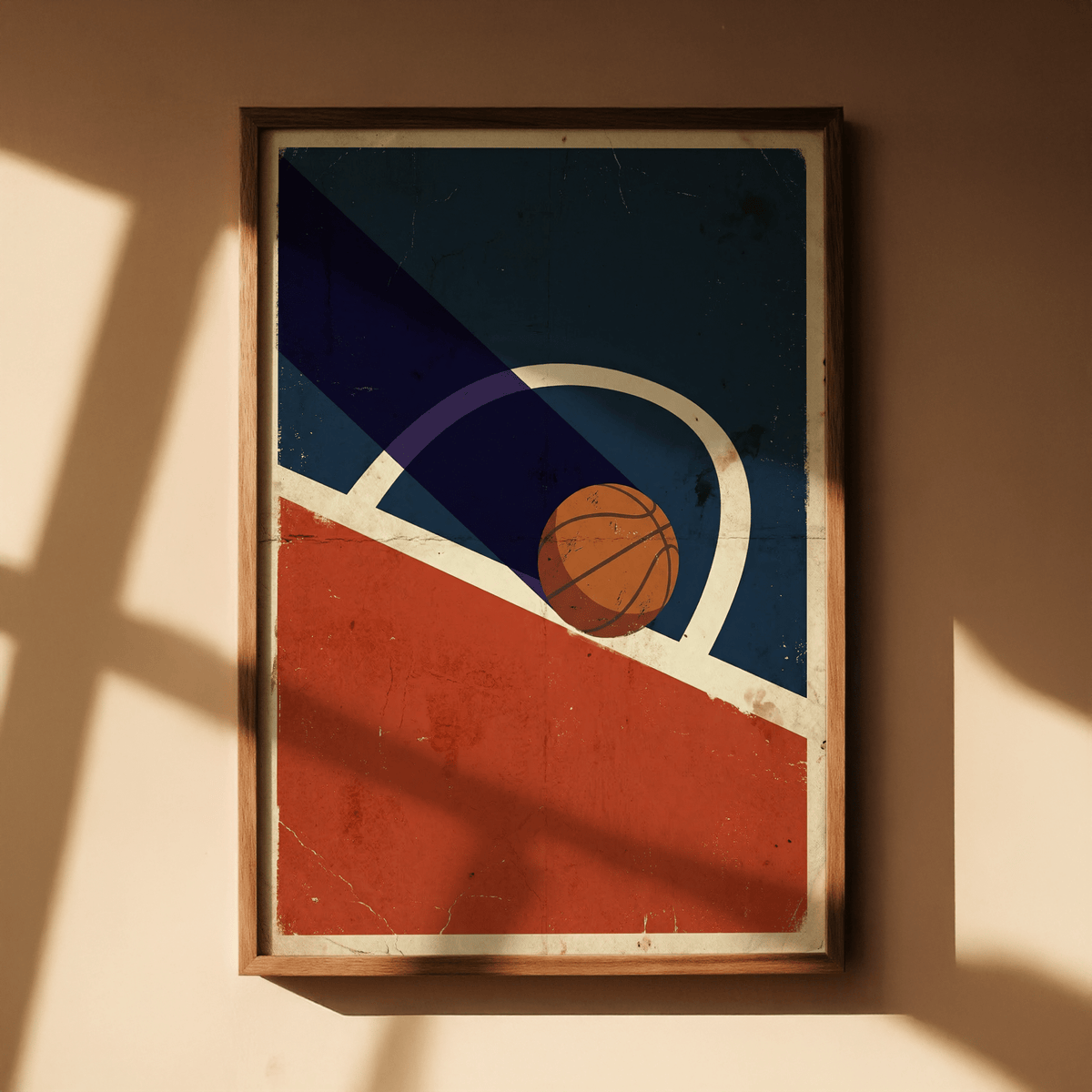 Geometric sports print of basketball atop sweeping arc design