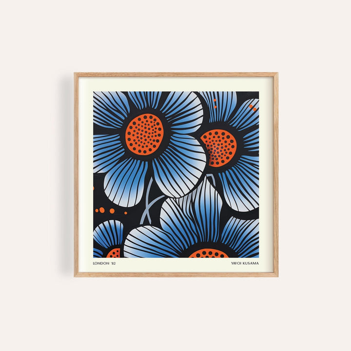 blue flower wall art featuring vivid floral design.