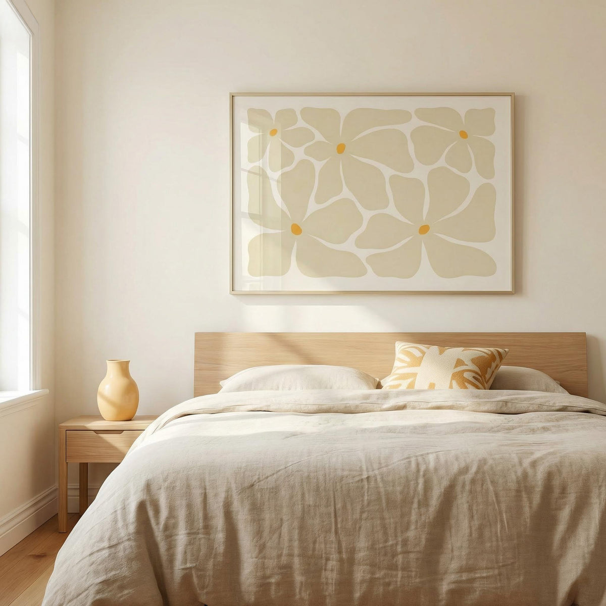 Neatly made bed in a bedroom with a decorative painting on the wall.