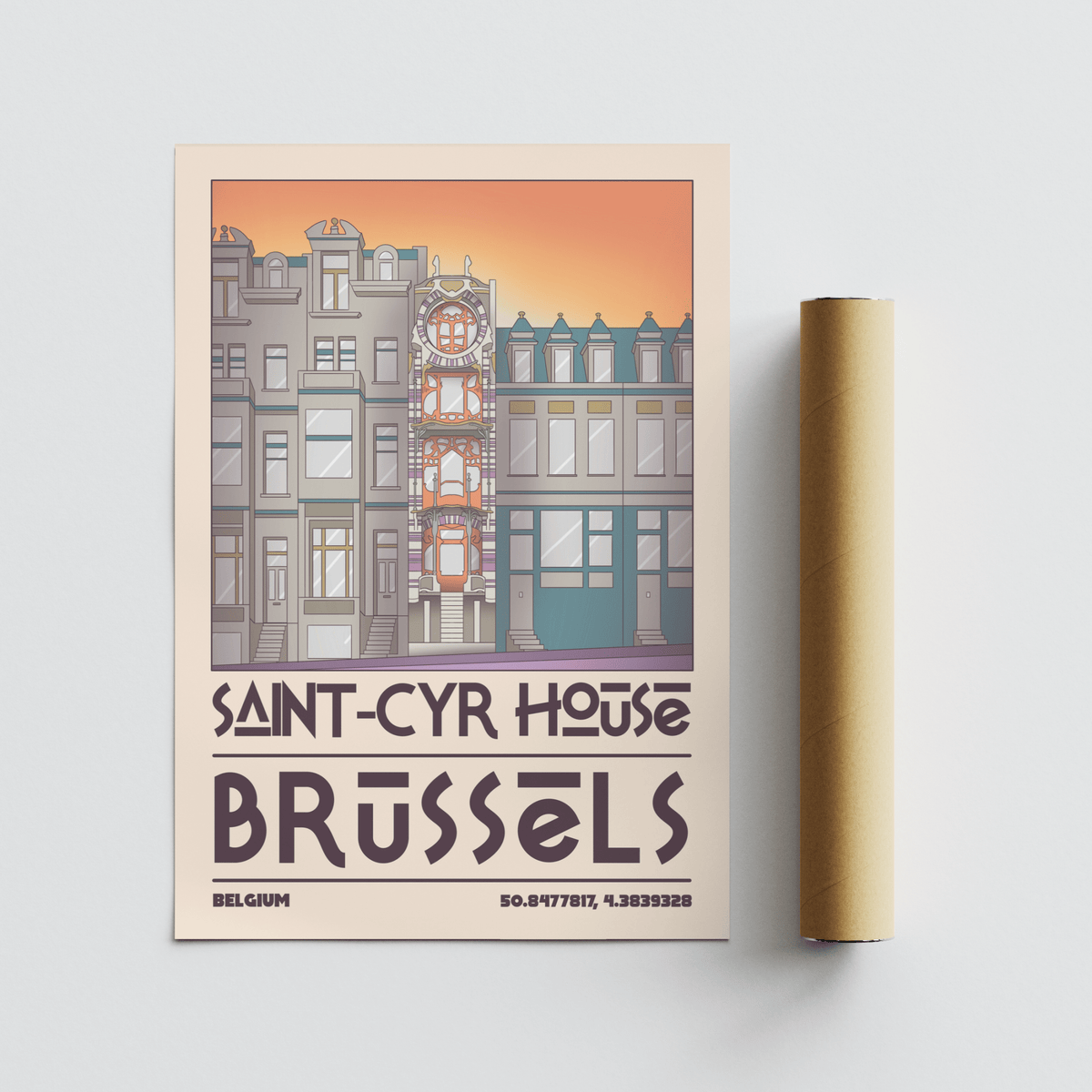 Illustrating an architecture wall art print of Saint-Cyr House with decorative central tower and simplified building shapes