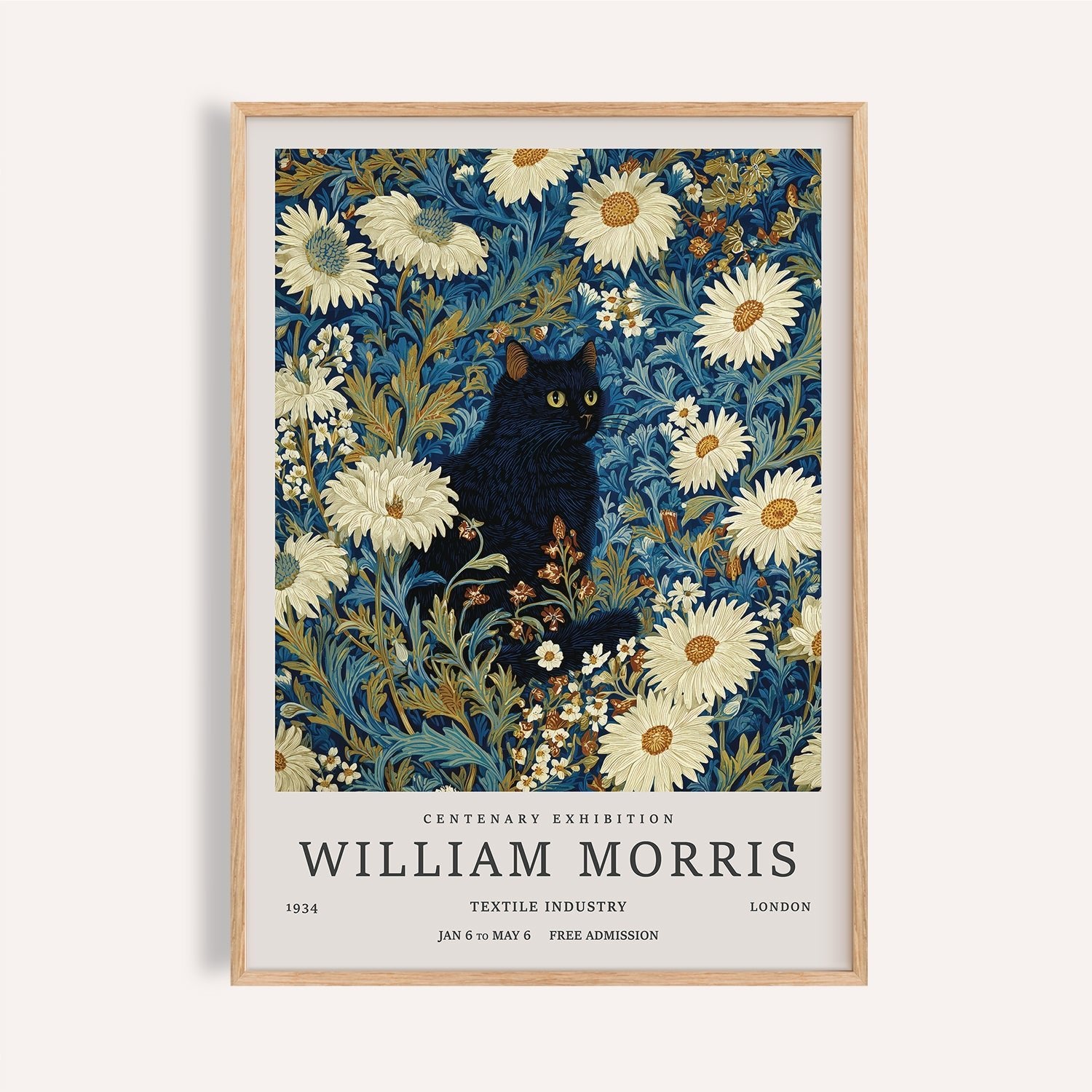 Black Cat Art Print | William Morris Botanical Cat Design