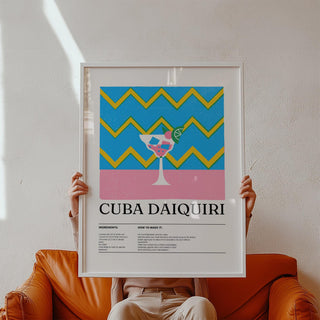 Alcohol artwork of a Cuba Daiquiri cocktail with lime wheel on colorful chevron background.