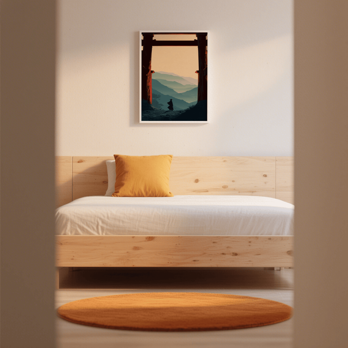 Torii gate wall print centered over soft blue and beige layers