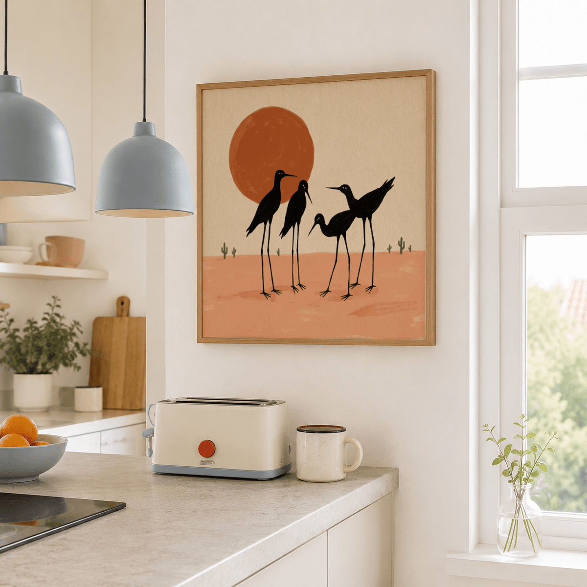 Framed Desert Birds Wall Art poster against neutral wall