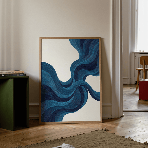 Blue Line Wall Art poster for modern living room, blue beige theme