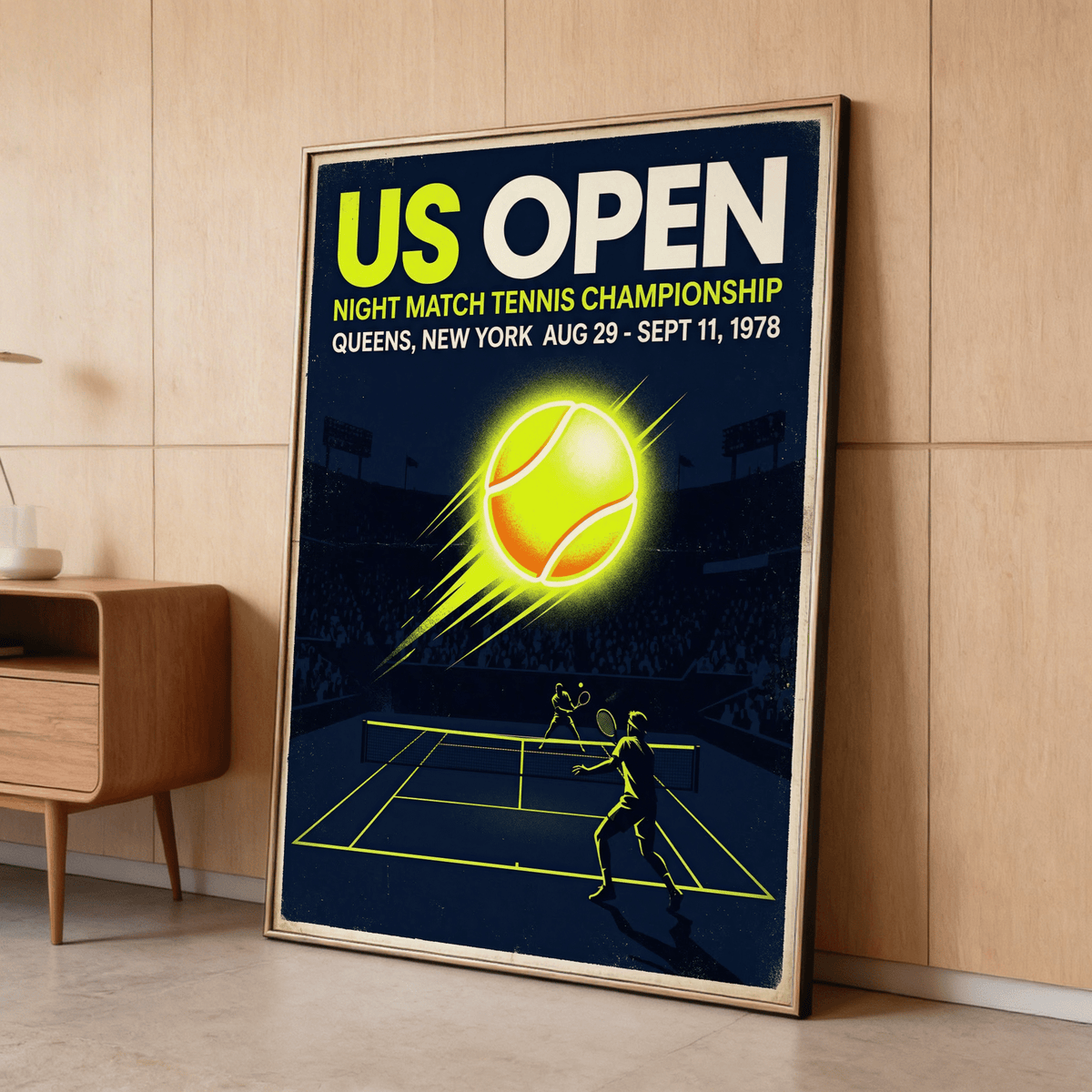 Highlighting the Us Open Tennis Poster print with Night Match Tennis Championship wording and Queens, New York 1978 date line