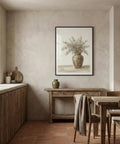 Nest interior with wooden furniture, a vase, and a framed picture on a beige wall.