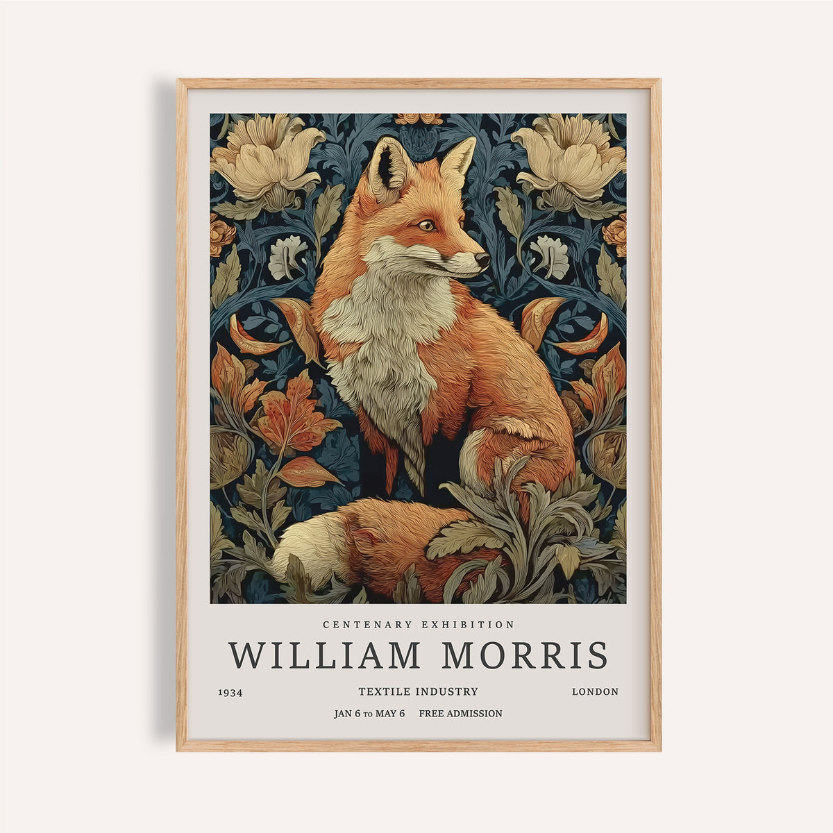William Morris Fox Print featuring navy background and golden foliage