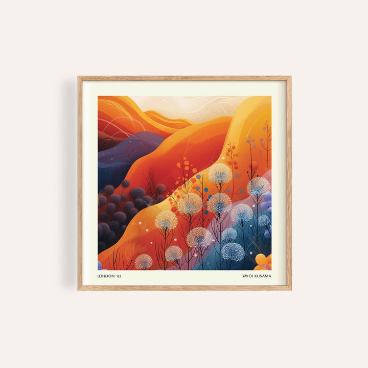 Art print square featuring abstract orange and red mountain landscape