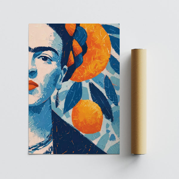 Contemporary Frida Kahlo Gifts featuring colorful fruit and iconic features.