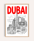 Dubai City Wall Art poster with bold lettering and skyline drawing