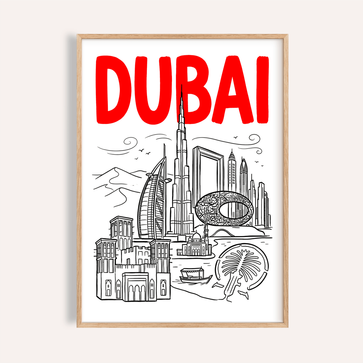 Dubai City Wall Art poster with bold lettering and skyline drawing