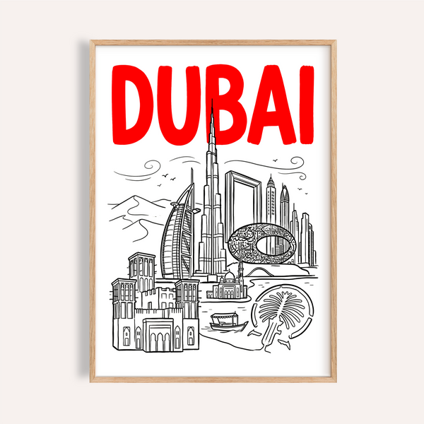 Dubai City Wall Art poster with bold lettering and skyline drawing