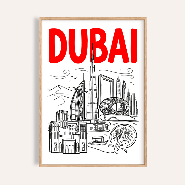 Dubai City Wall Art poster with bold lettering and skyline drawing