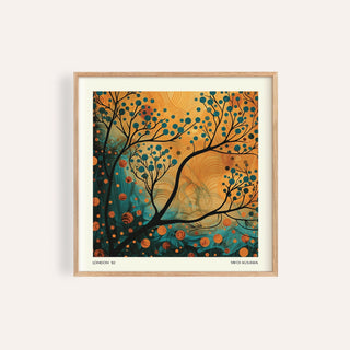 Orange and Teal Wall Art framed print close-up with abstract tree branches and circular patterns