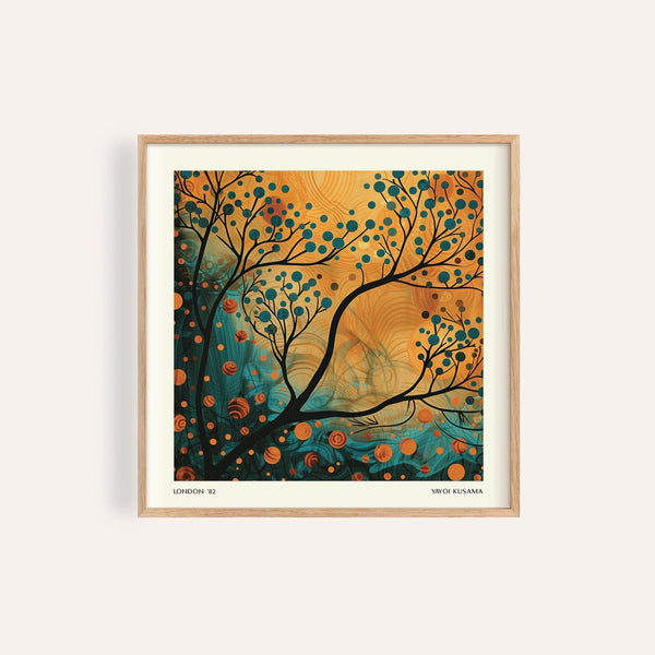 Orange and teal wall art with abstract tree design for living room decor