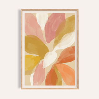 Abstract flower wall art poster with layered watercolor petals in Yellow, Pink, and Gold
