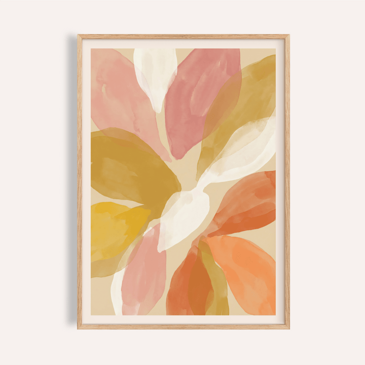 Abstract flower wall art poster with layered watercolor petals in Yellow, Pink, and Gold