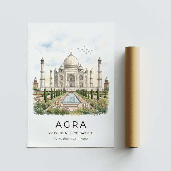 Minimal travel poster print with Taj Mahal silhouette and open sky space