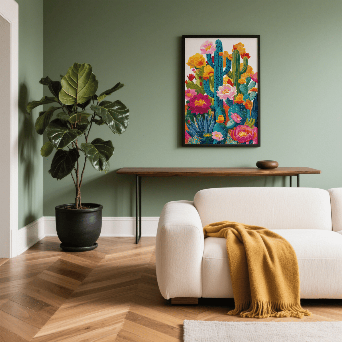 Cactus Flower Art Print featuring green blue for creative studio poster